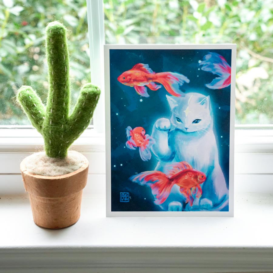 White cat and red goldfish 6x8 print by a window