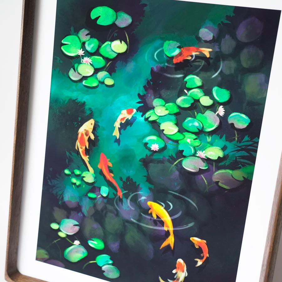 Close up on a print of 7 colorful koi in a dark green lily pond
