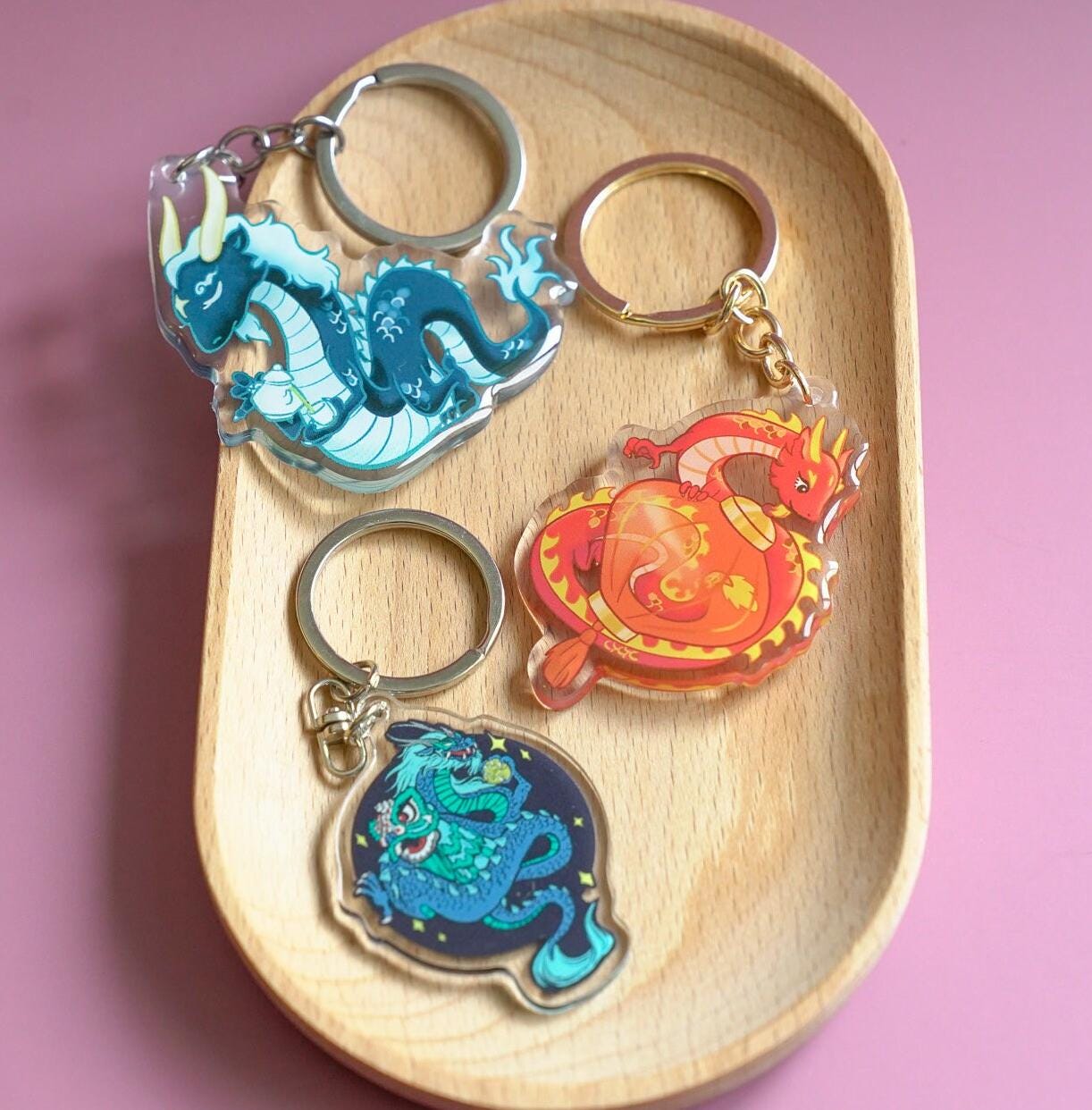 Blue Dragon Acrylic Keychain, Peaceful Dragon Drinking Tea Transparent Keychain, Dragon Year Gift, Chinese Zodiac Animal