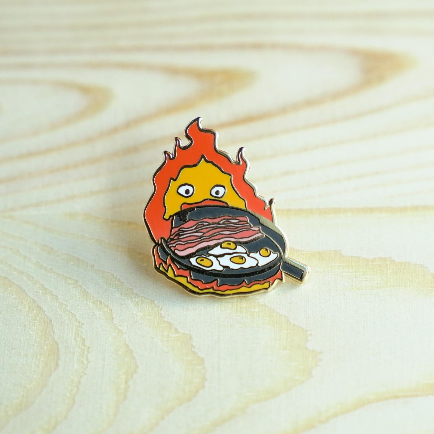 Calcifer Pin, Howl's Moving Castle Accessory, Calcifer with Bacon Egg Pan Hard Enamel Pin