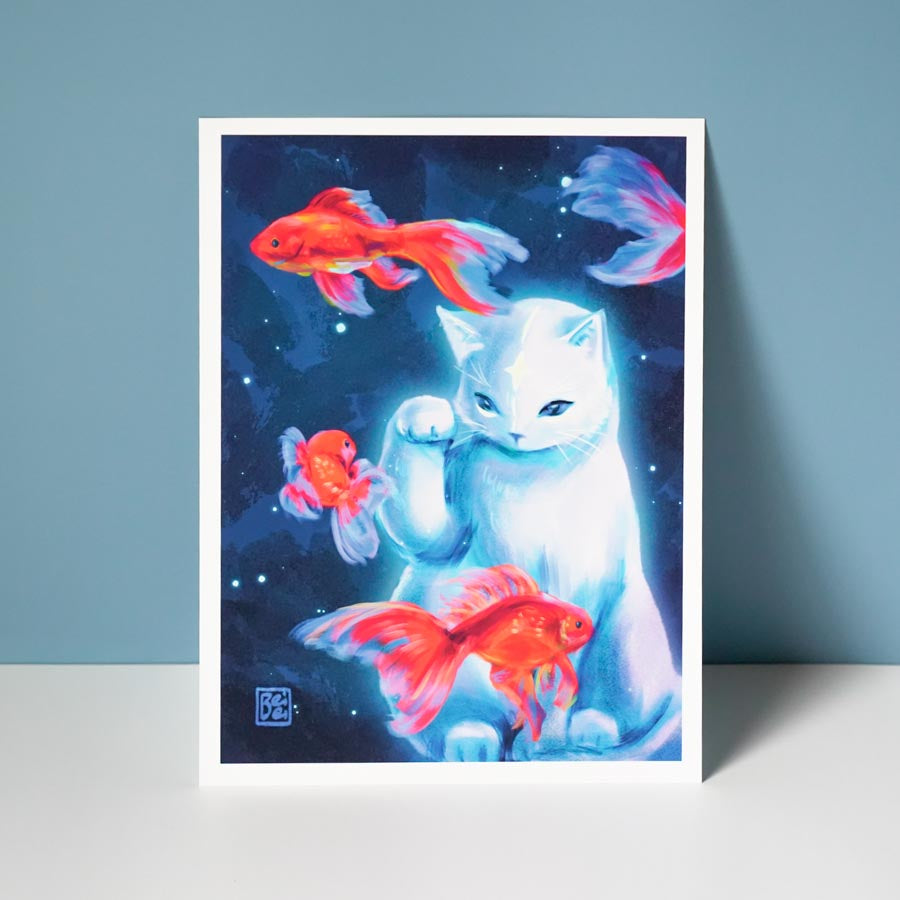 White cat and red goldfish 6x8 print