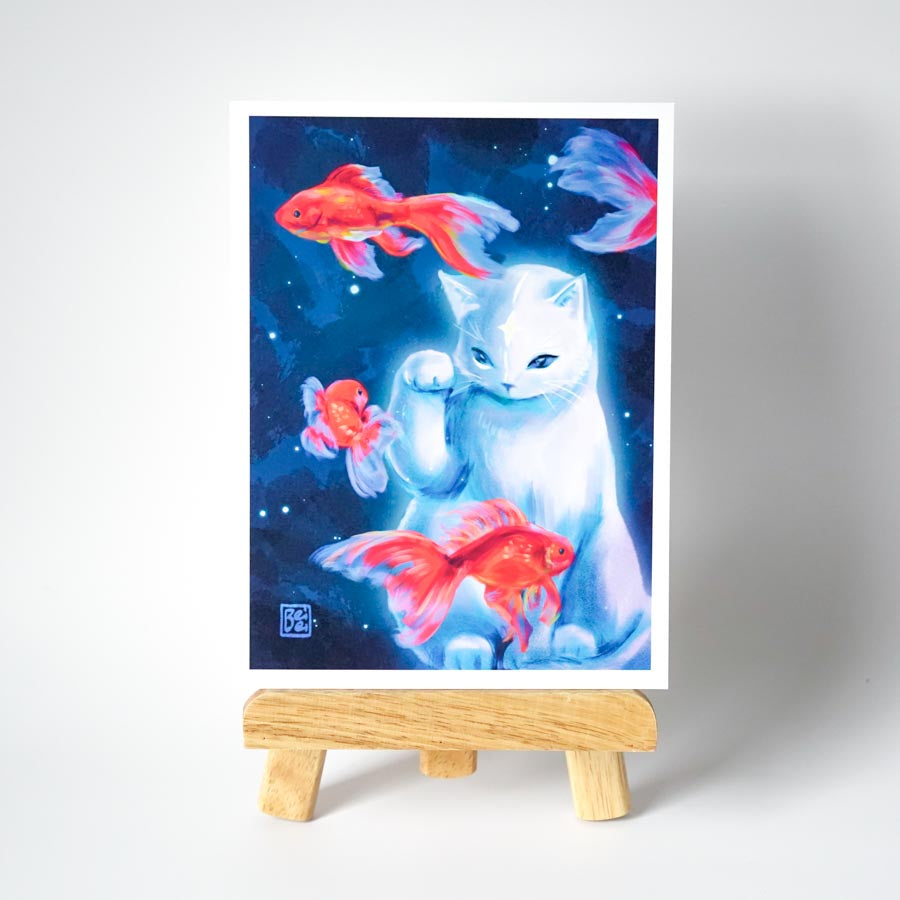 White cat and red goldfish 6x8 print on an easle