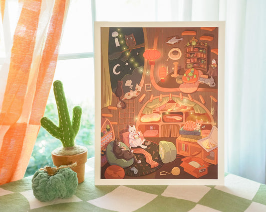 Framed illustration of a cozy room with a cat on a table, next to a potted cactus and green pumpkin.