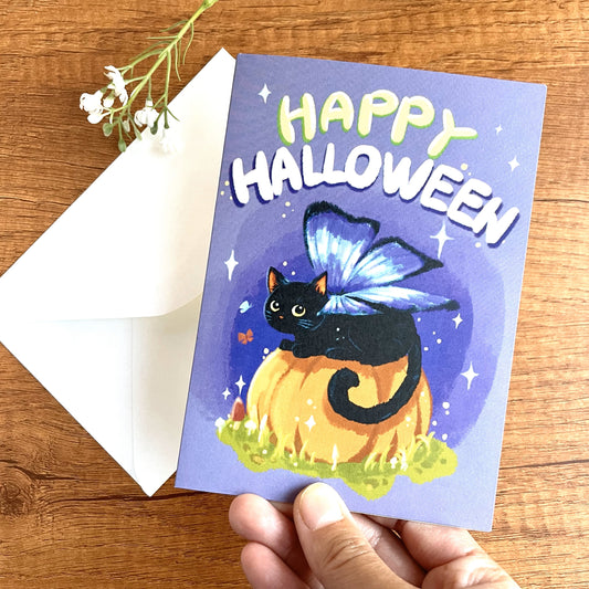 Butterfly Cat Happy Halloween Greeting Card