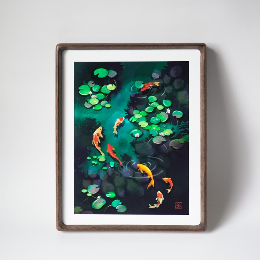 Framed print of 7 colorful koi in a dark green lily pond