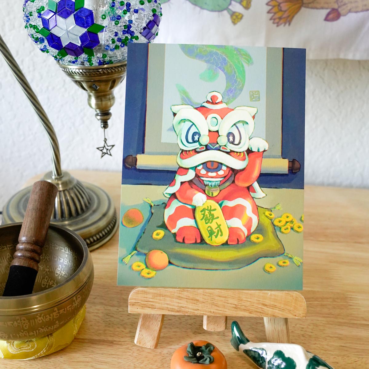 Chinese Lion Dance Lucky Cat Art Print
