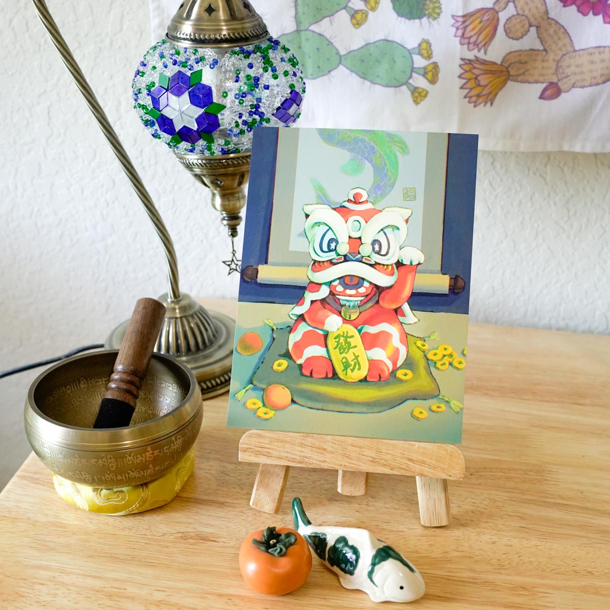 Chinese Lion Dance Lucky Cat Art Print