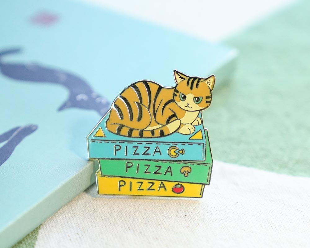 Pin with a cat on a pizza box design against a colorful background