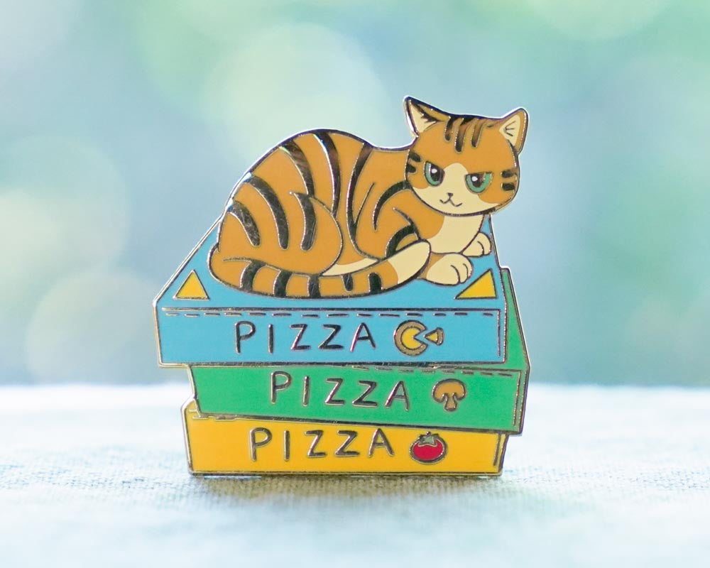 Cat pin on a stack of pizza boxes with a blurred background
