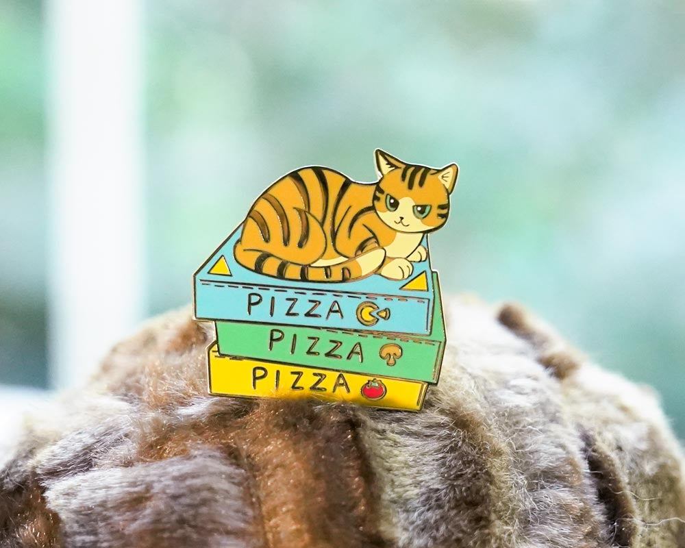 Enamel pin with a cat on a pizza box design, set against a blurred background.