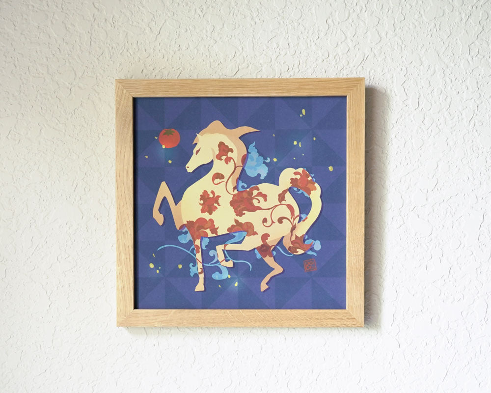 Framed artwork of a stylized horse on a blue background with a wooden frame.