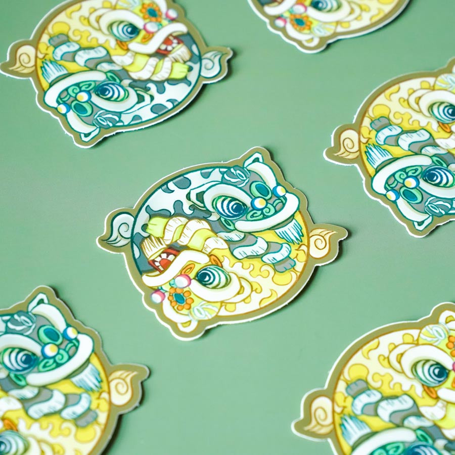 Multiple Yin Yang Fut San Hok San Lion Dance Stickers on a light green background