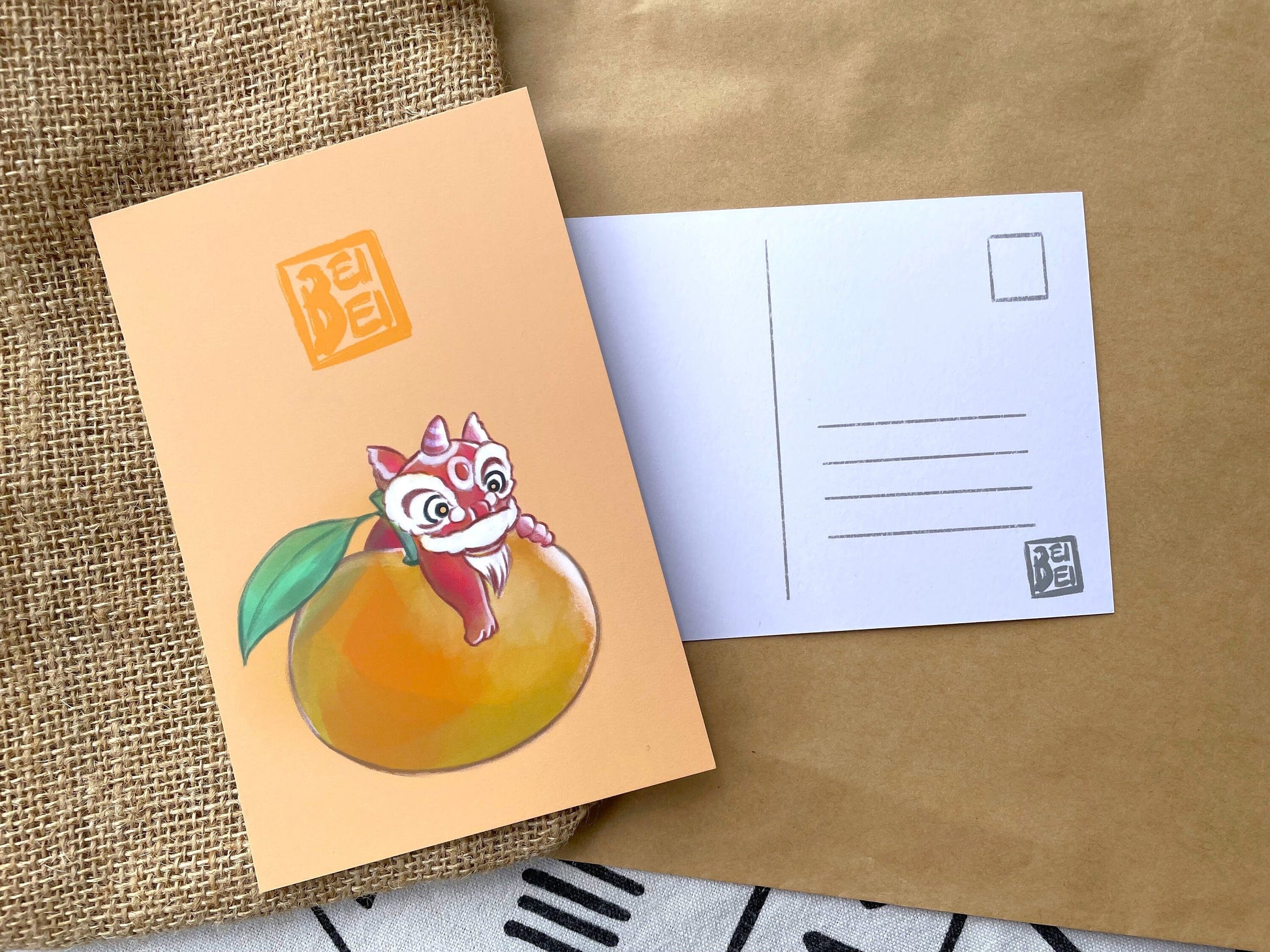 Orange Lion Postcard, Chinese Lion Dance Art, Awakening Lion Postcard, Chinese Art, Chinese Lunar New Year Postcard