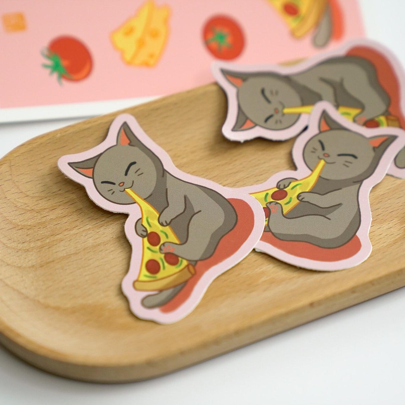 Cute Pizza Cat Sticker - Gray Kitty Happily Eating a Slice of Pizza