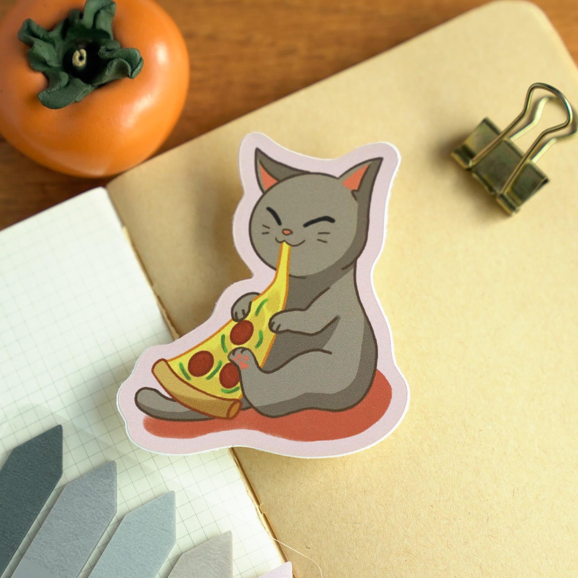 Cute Pizza Cat Sticker - Gray Kitty Happily Eating a Slice of Pizza