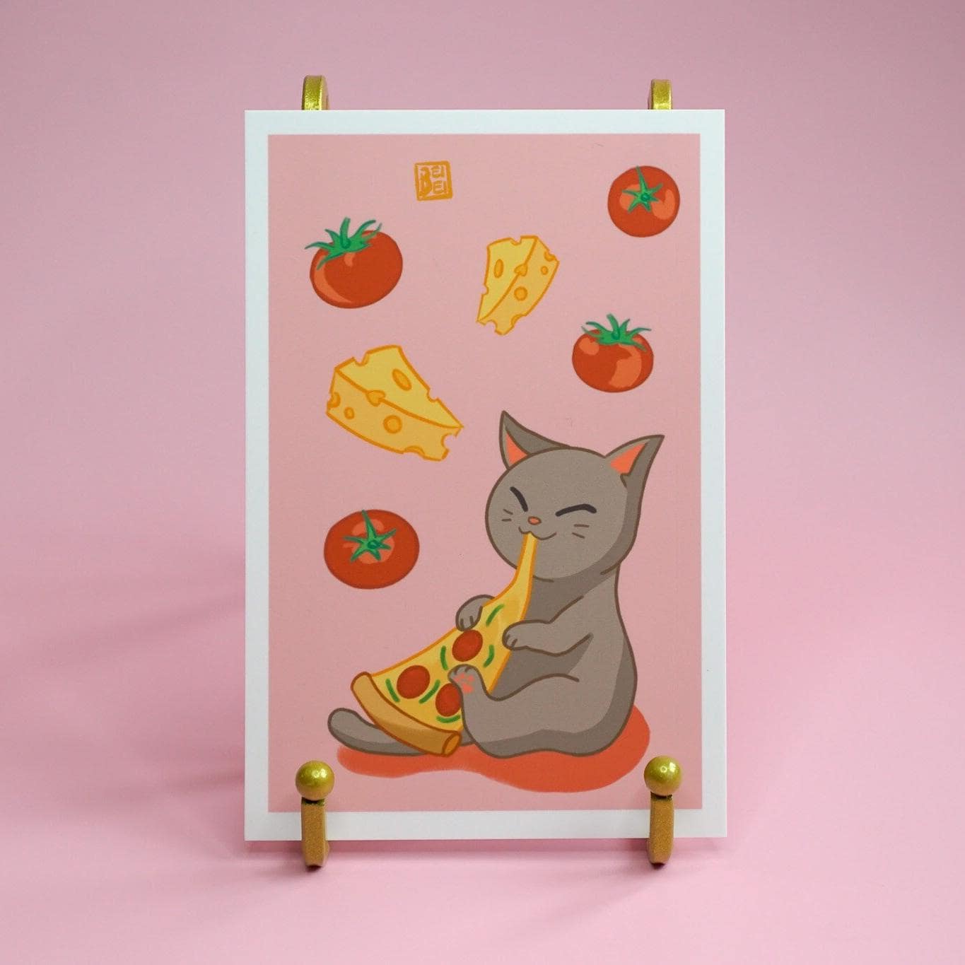 Pizza Cat Postcard - Adorable Cat Eating a Slice of Pizza Mini Art Print