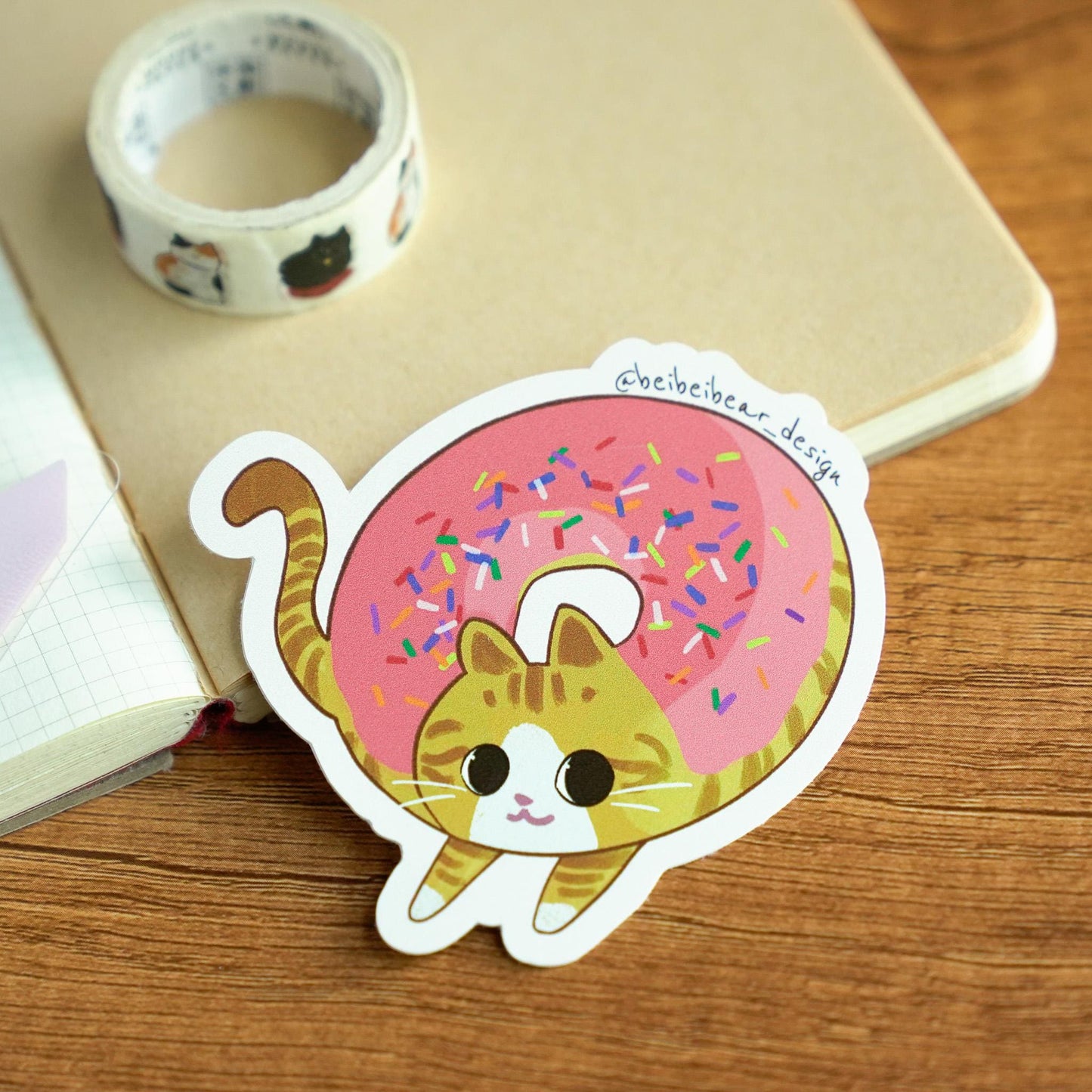 Donut Cat Sticker, Orange Tabby Cat, Cute Cat Sticker, Pink Donut Sticker, Orange Cat, Funny Cat, Cute Sticker, Cute Gift, Cat Lover Gift