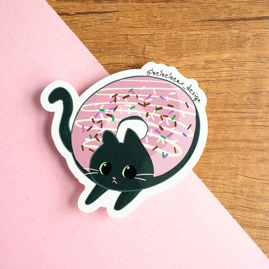 Donut Cat Sticker, Black Cat Sticker, Cute Cat Sticker, Bombay Cat, Funny Cat Sticker, Cute Gift, Cat Lover Gift, Cute Kawaii Sticker