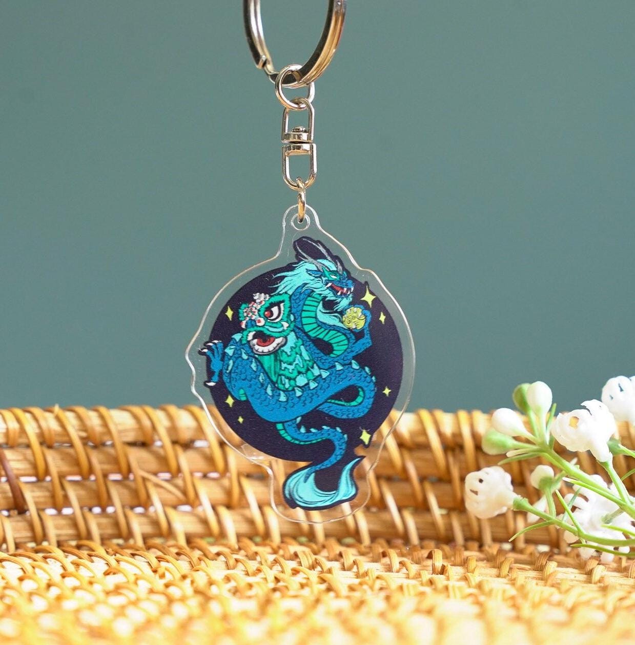 Blue Lion and Dragon Acrylic Keychain, Lion Dance Charm, Dragon Dance Charm, Year of the Dragon Gift