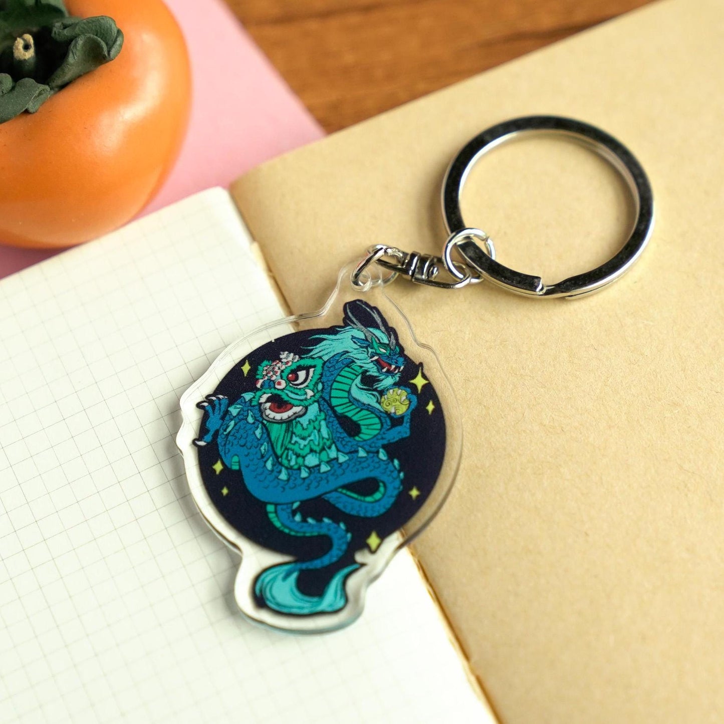 Blue Lion and Dragon Acrylic Keychain, Lion Dance Charm, Dragon Dance Charm, Year of the Dragon Gift