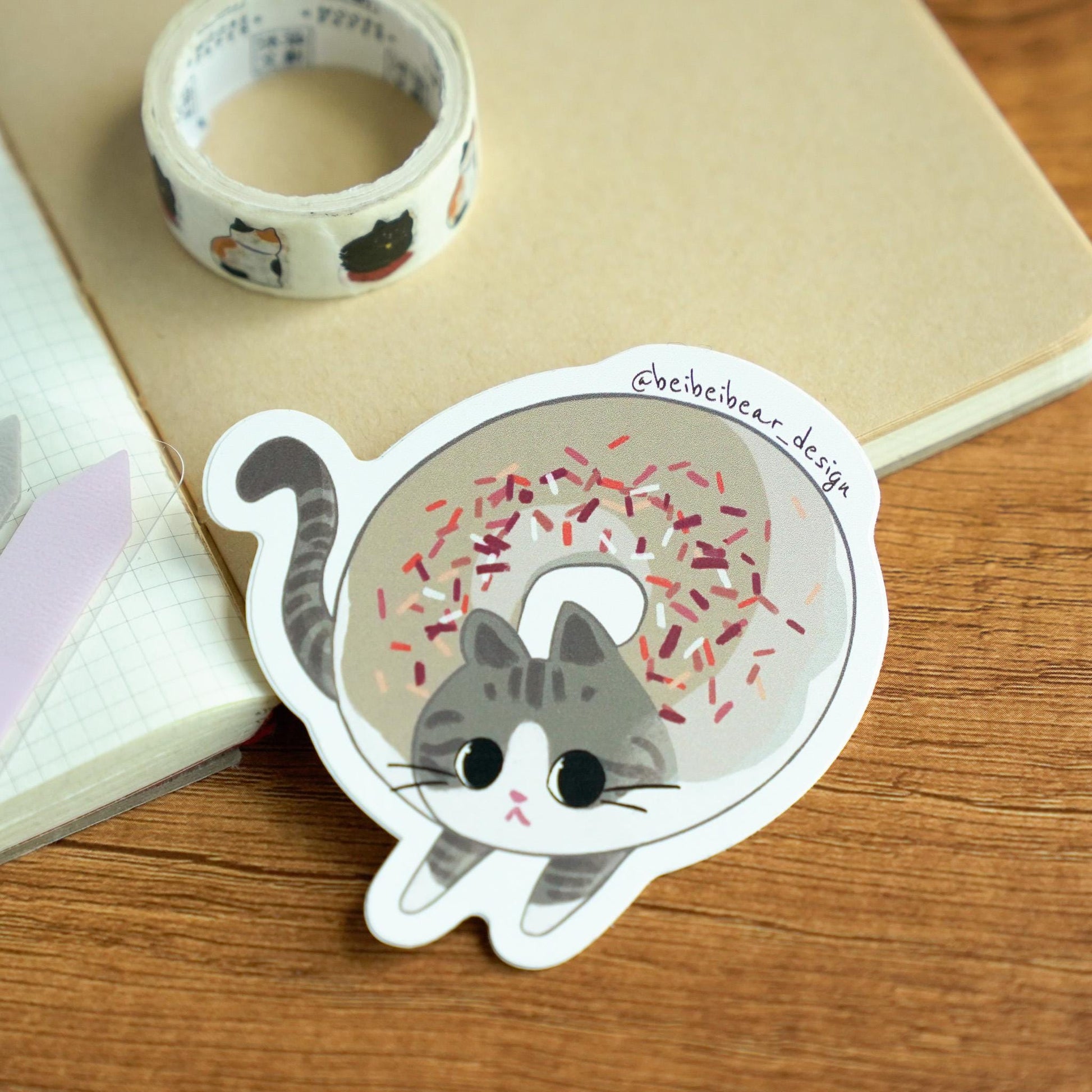 Donut Cat Sticker, Cute Cat Sticker, Funny Cat Sticker, Kawaii Cat Sticker, Tabby Cat, Grey Cat, Cute Sticker, Cute Gift, Cat Lover Gift