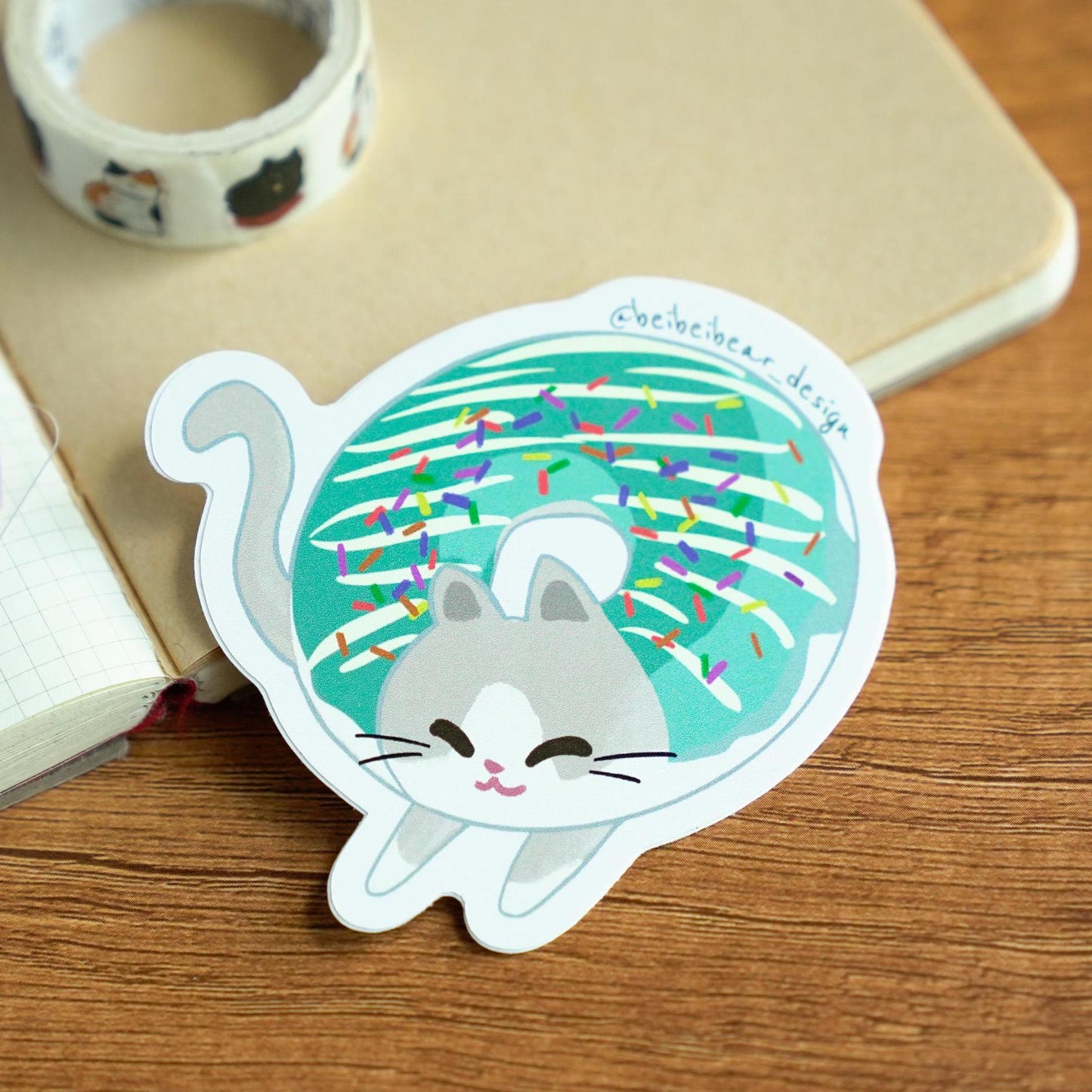 Donut Cat Sticker, Cute Cat Sticker, Grey and White Piebald Bi-colour Cat, Cute Sticker, Funny Cat Sticker, Cute Gift, Cat Lover Gift