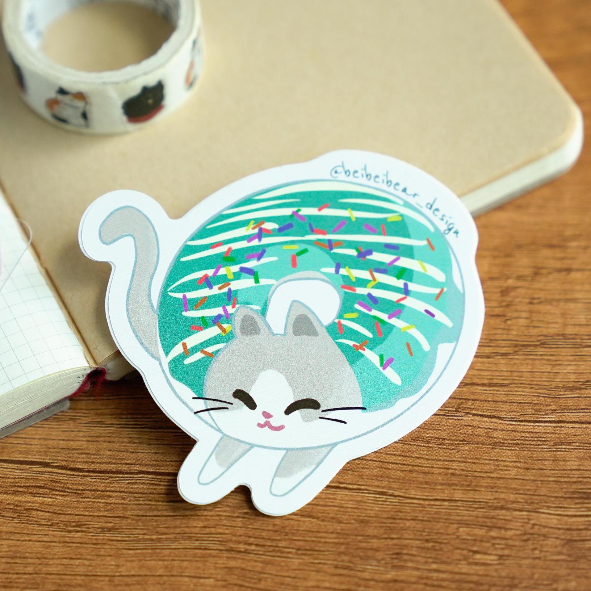 Donut Cat Sticker, Cute Cat Sticker, Grey and White Piebald Bi-colour Cat, Cute Sticker, Funny Cat Sticker, Cute Gift, Cat Lover Gift