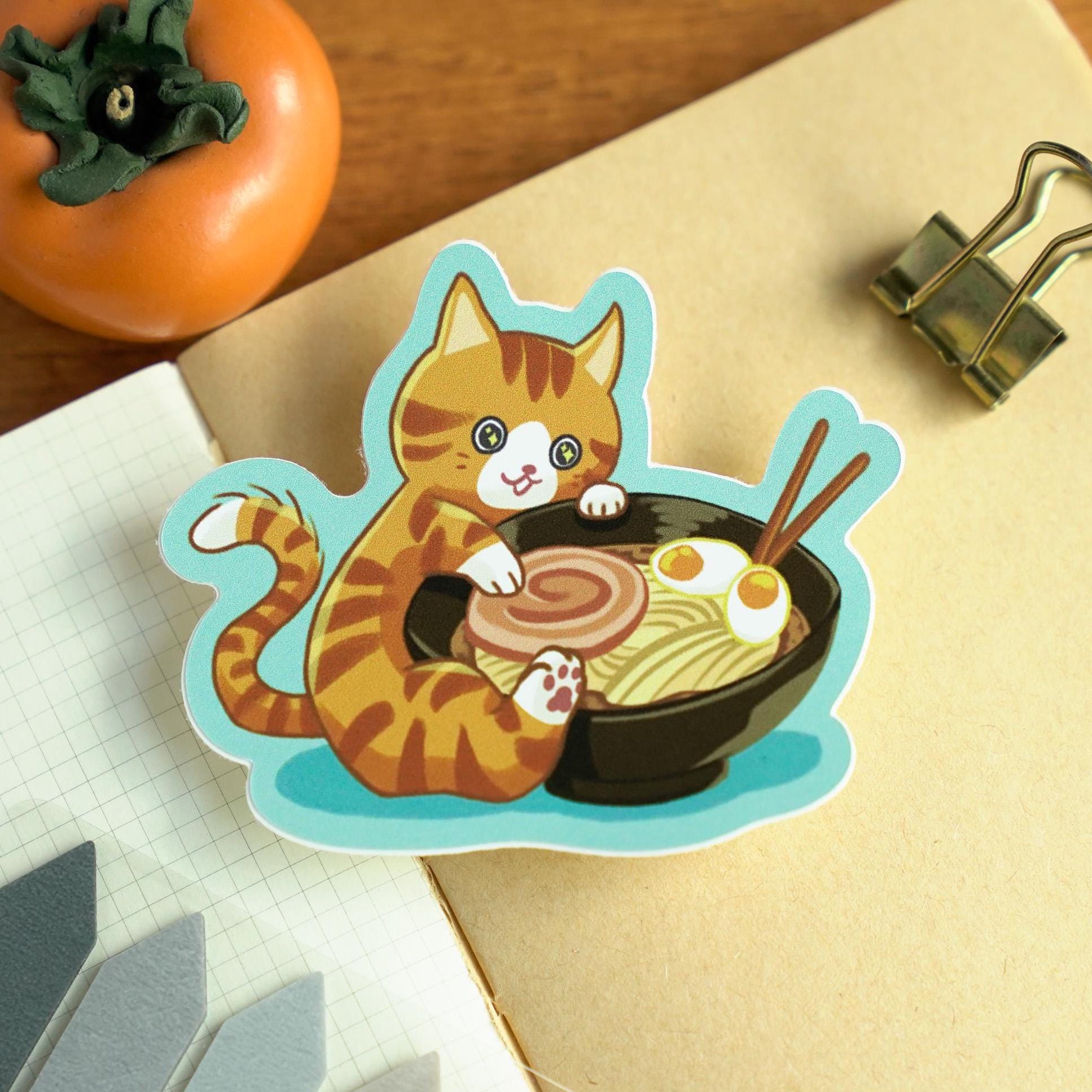 Cute Ramen Cat Sticker - Orange Tabby Kitty Hugging a Bowl of Noodles