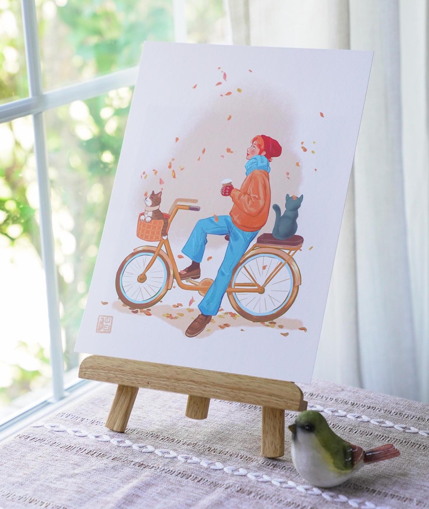 Cats on Bicycle Print. Autumn Cats and Coffee Print. Autumn Vibe Illustration. Orange Autumn Girl Art.