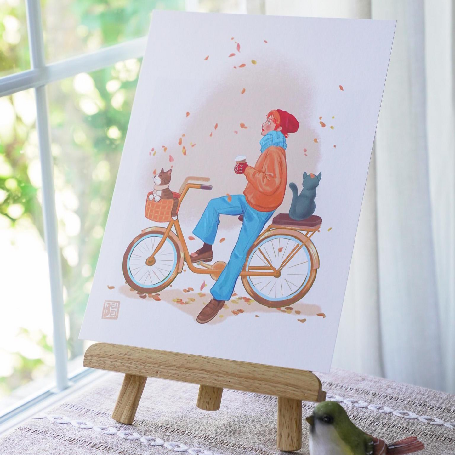 Cats on Bicycle in Autumn Print