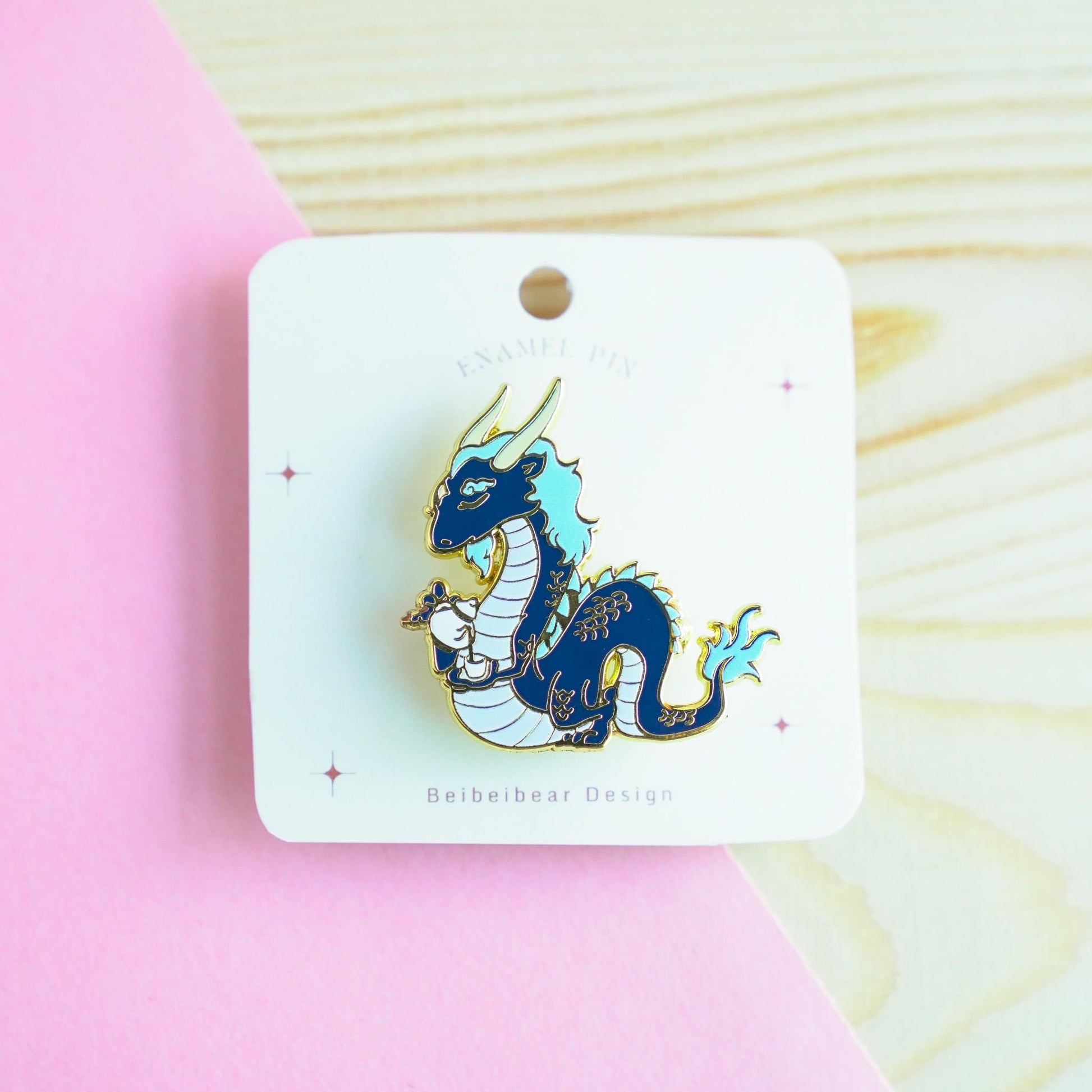 Blue Dragon Enamel Pin, Dragon Drinking Tea Brooch, Peachful Dragon Pin, Dragon Year Gift