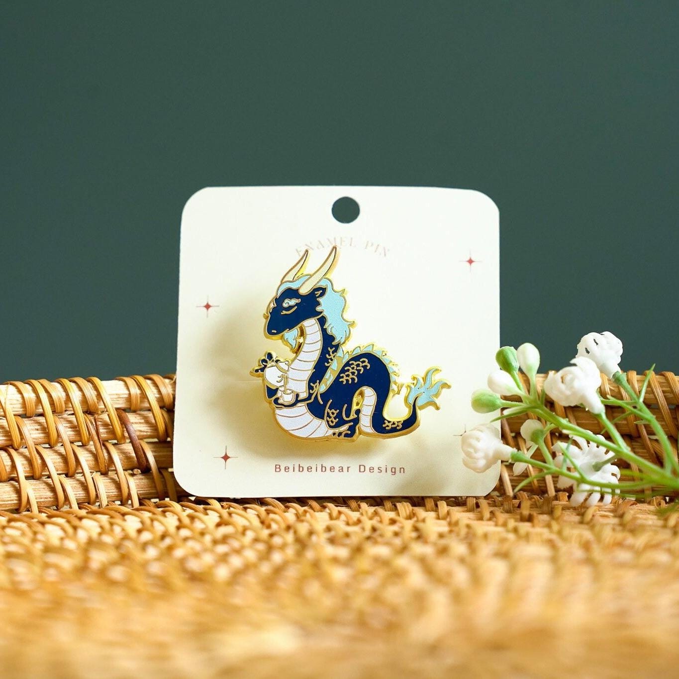 Blue Dragon Enamel Pin, Dragon Drinking Tea Brooch, Peachful Dragon Pin, Dragon Year Gift