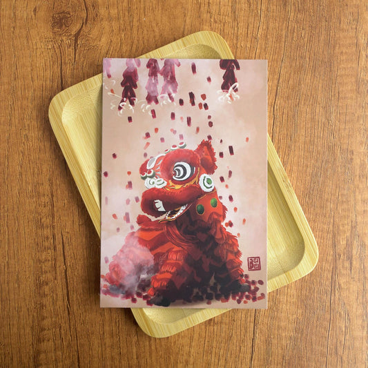 Lion Dance Postcard, Chinese Lion Postcard/Small Print, Red Lion And Fire Crakers Art, Lunar New Year Greeting Card, Chinese Lucky Lion