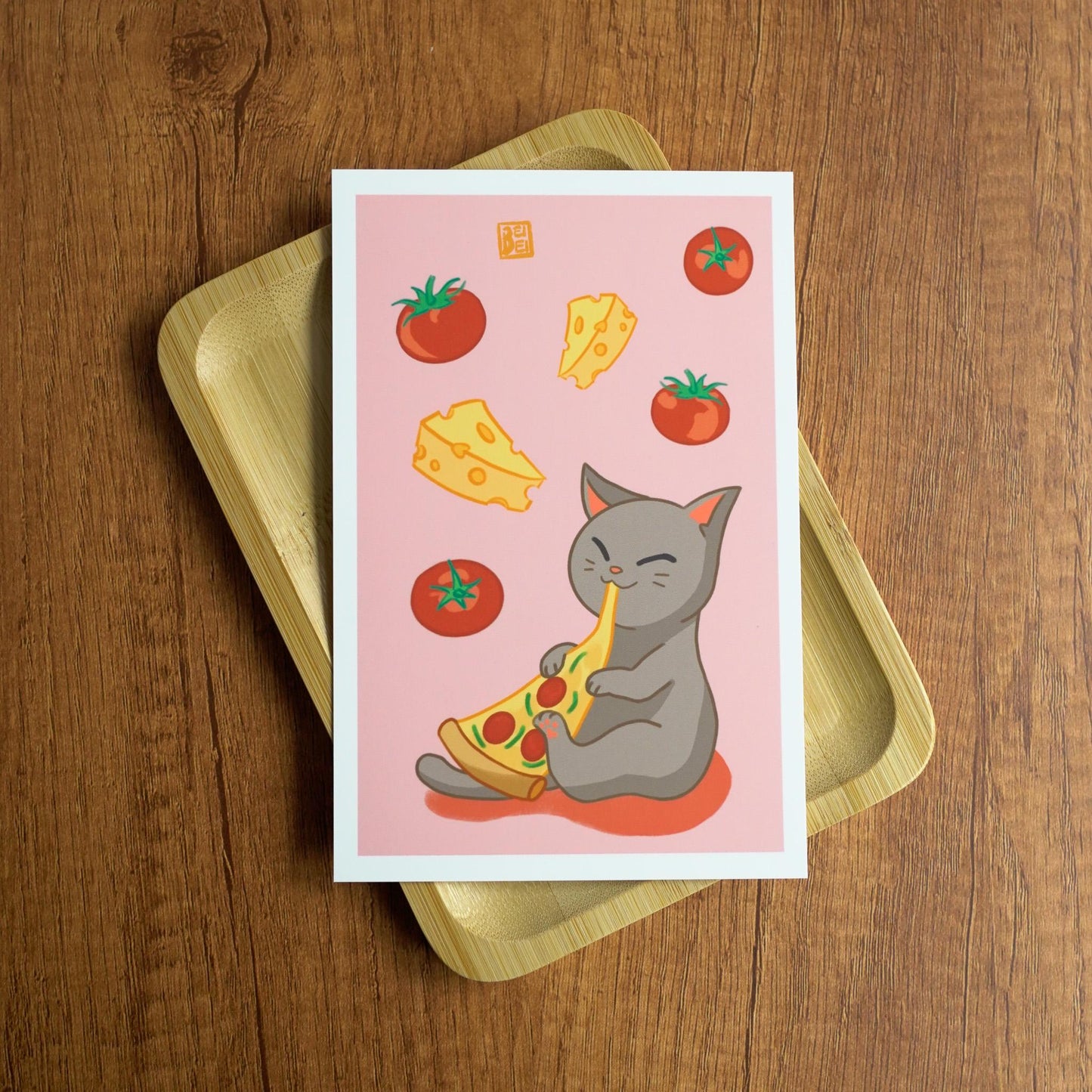 Pizza Cat Postcard - Adorable Cat Eating a Slice of Pizza Mini Art Print