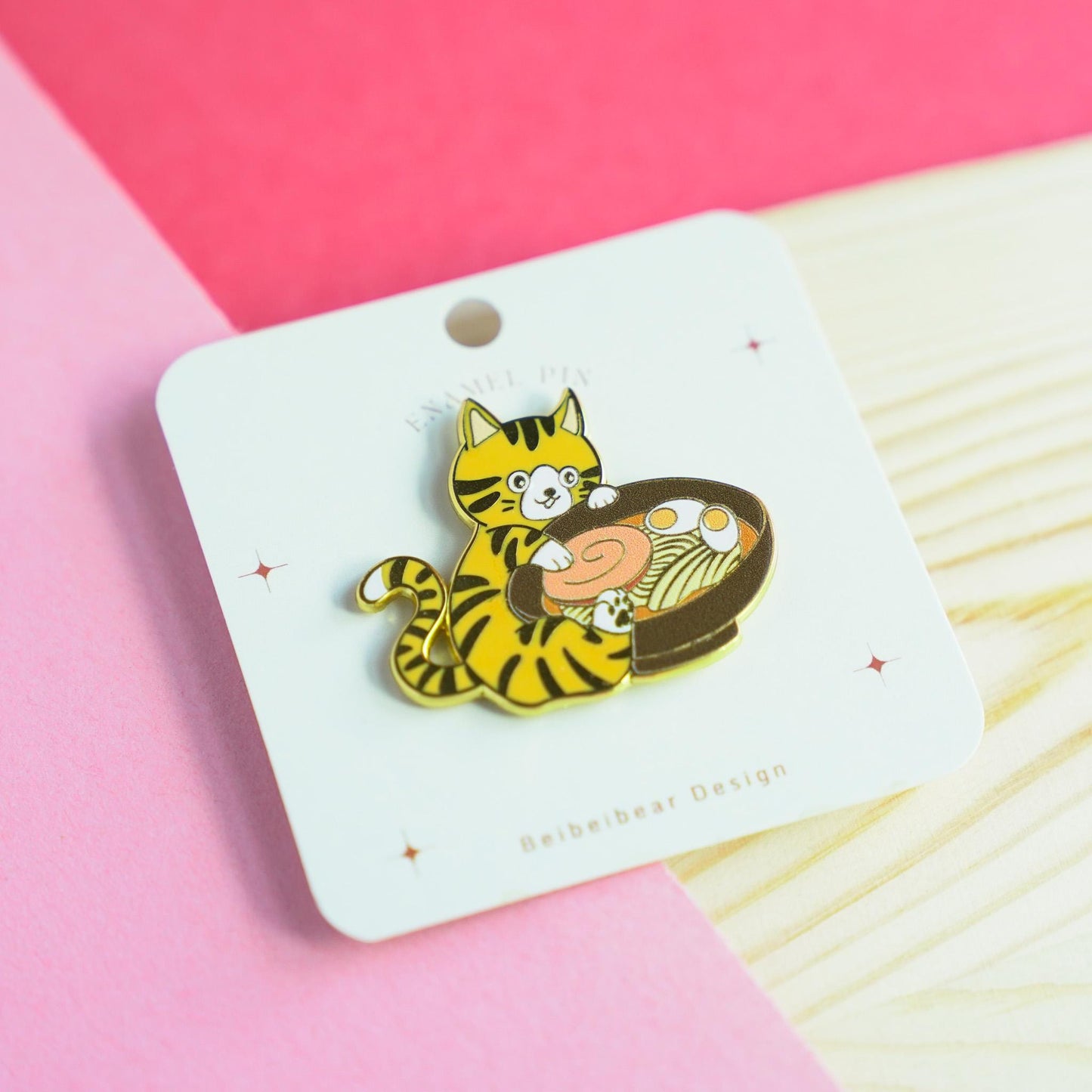 Ramen Cat Pin, Hard Enamel Pin of an Orange Tabby Cat Holding a Bowl of Ramen