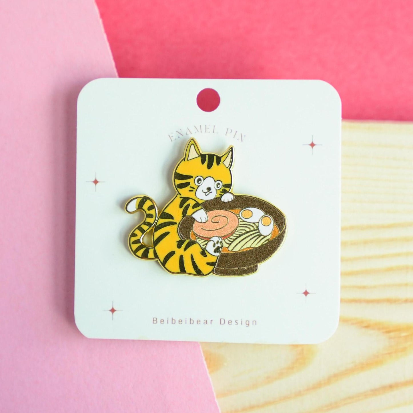 Ramen Cat Pin, Hard Enamel Pin of an Orange Tabby Cat Holding a Bowl of Ramen