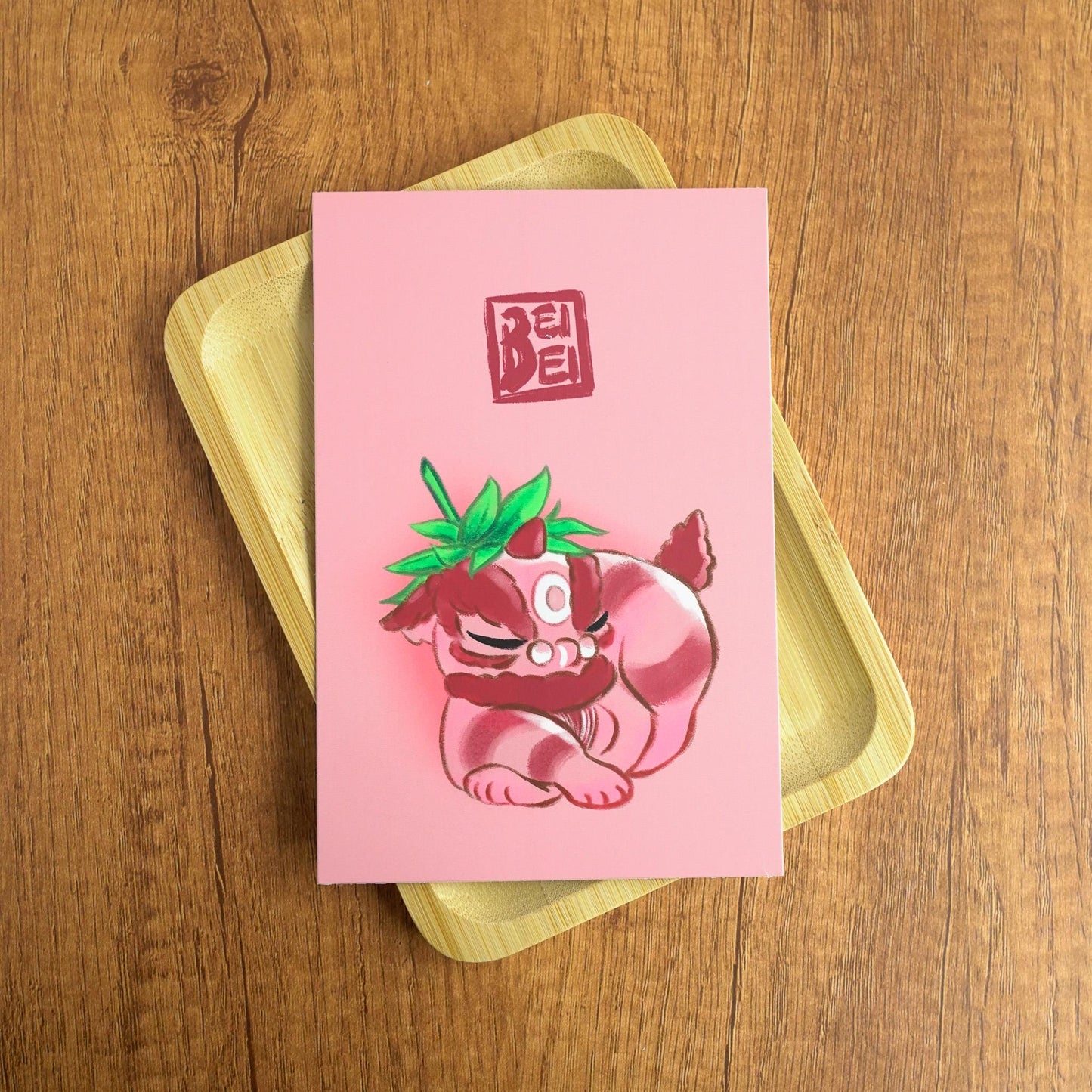 Lion Dance Postcard, Chinese Lion Postcard/Small Print, Sleeping Strawberry Lion Art, Lunar New Year Greeting Card, Chinese Lucky Lion