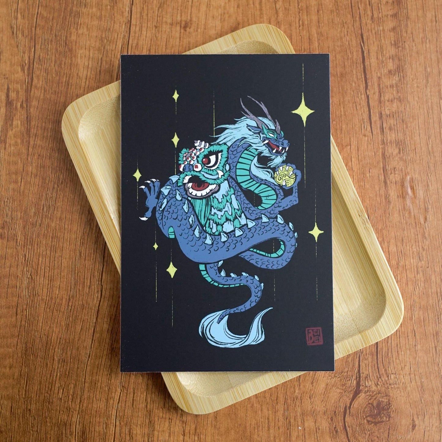 Lion Dance Postcard, Chinese Lion & Dragon Postcard/Small Print, Green Lion And Blue Dragon Art, Lunar New Year Greeting Card, Lucky Lion