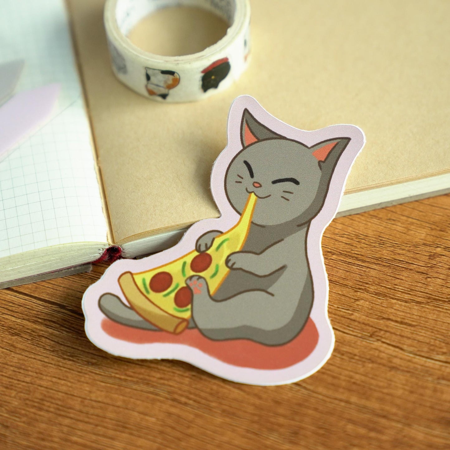 Cute Pizza Cat Sticker - Gray Kitty Happily Eating a Slice of Pizza