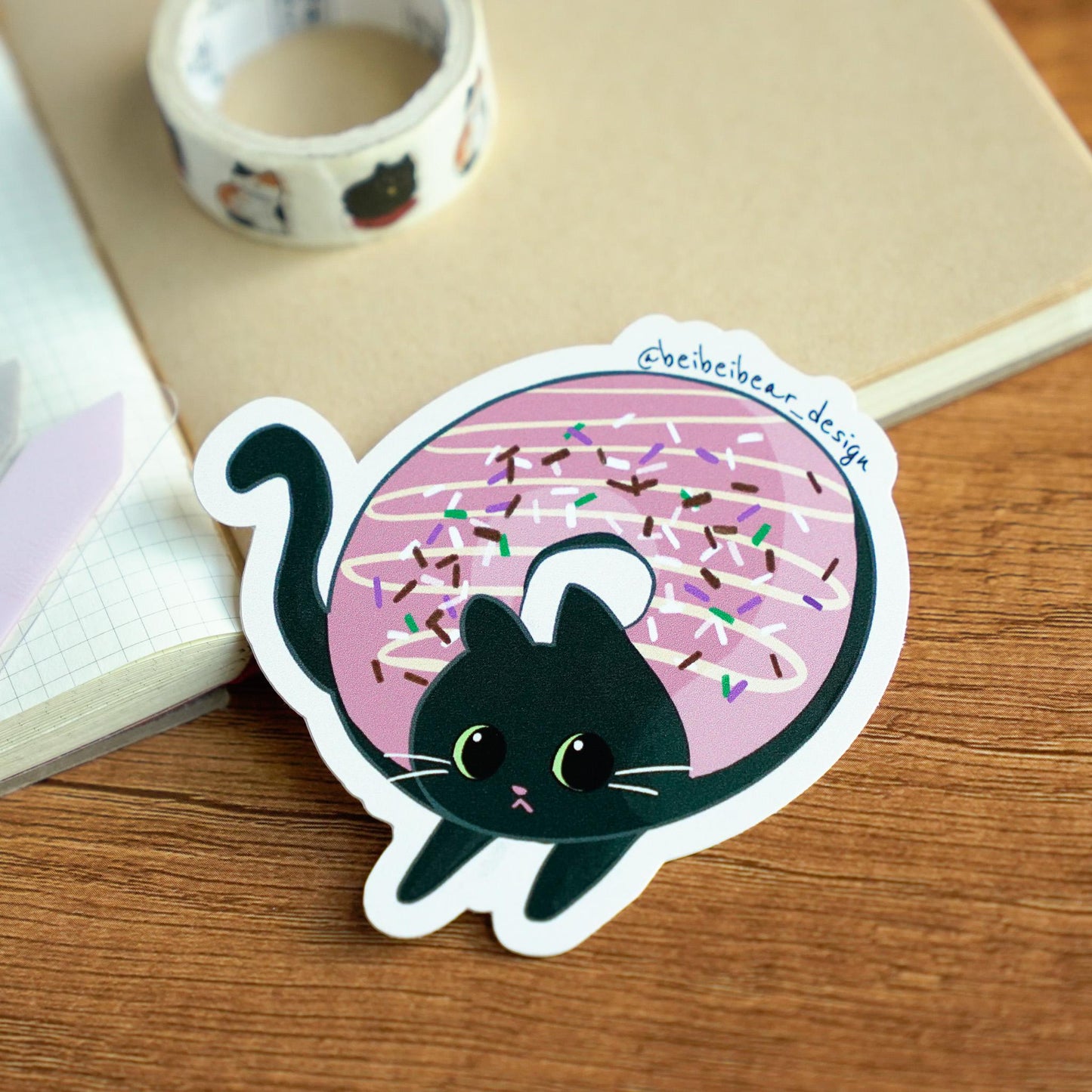 Donut Cat Sticker, Black Cat Sticker, Cute Cat Sticker, Bombay Cat, Funny Cat Sticker, Cute Gift, Cat Lover Gift, Cute Kawaii Sticker