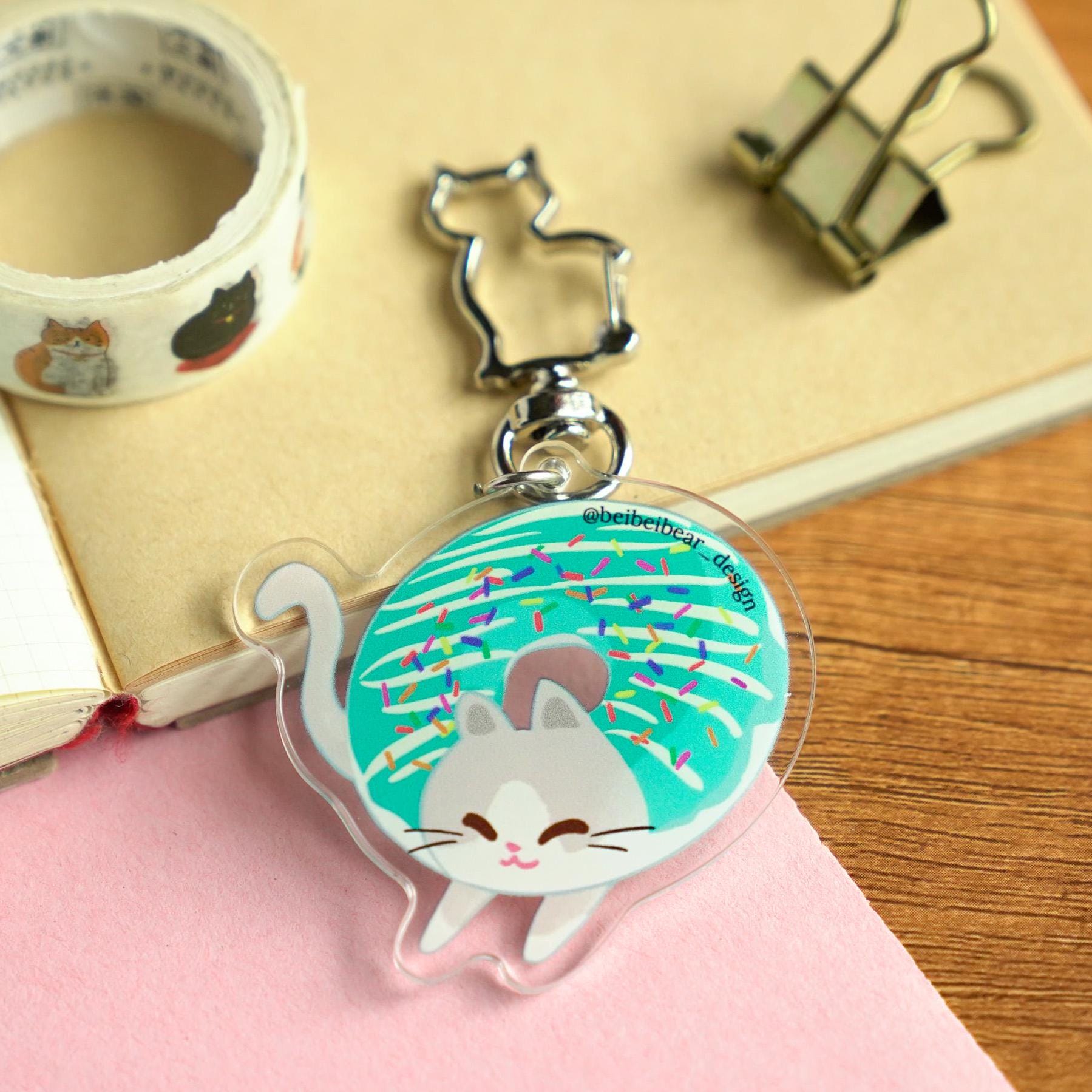 Blue Donut Cat Keychain, Cute Cat Keychain, Grey Cat Charm, Donut Keychain, Cute Keychain, Funny Cat, Cute Gift, Cat People Gift