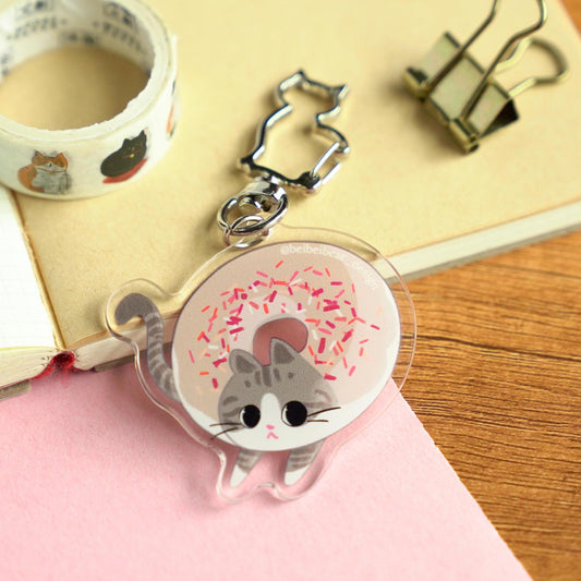 Donut Cat Keychain, Cute Cat Keychain, Grey Cat Charm, Donut Keychain, Cute Keychain, Funny Cat, Cute Gift, Cat Lover Gift