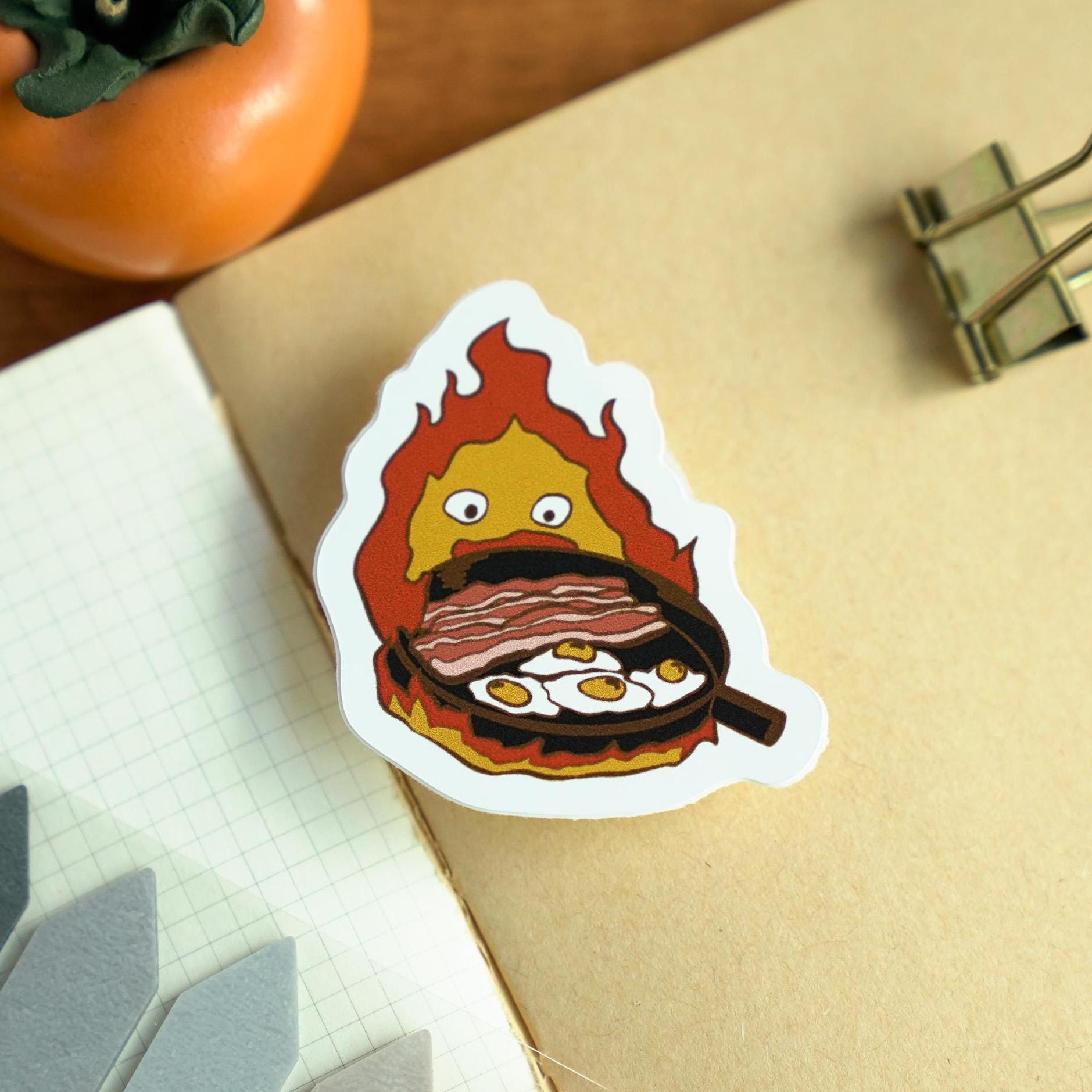 Calcifer Flame Spirit Sticker, Studio Ghibli Howl's Moving Castle Decal, Calcifer with Bacon Egg Pan