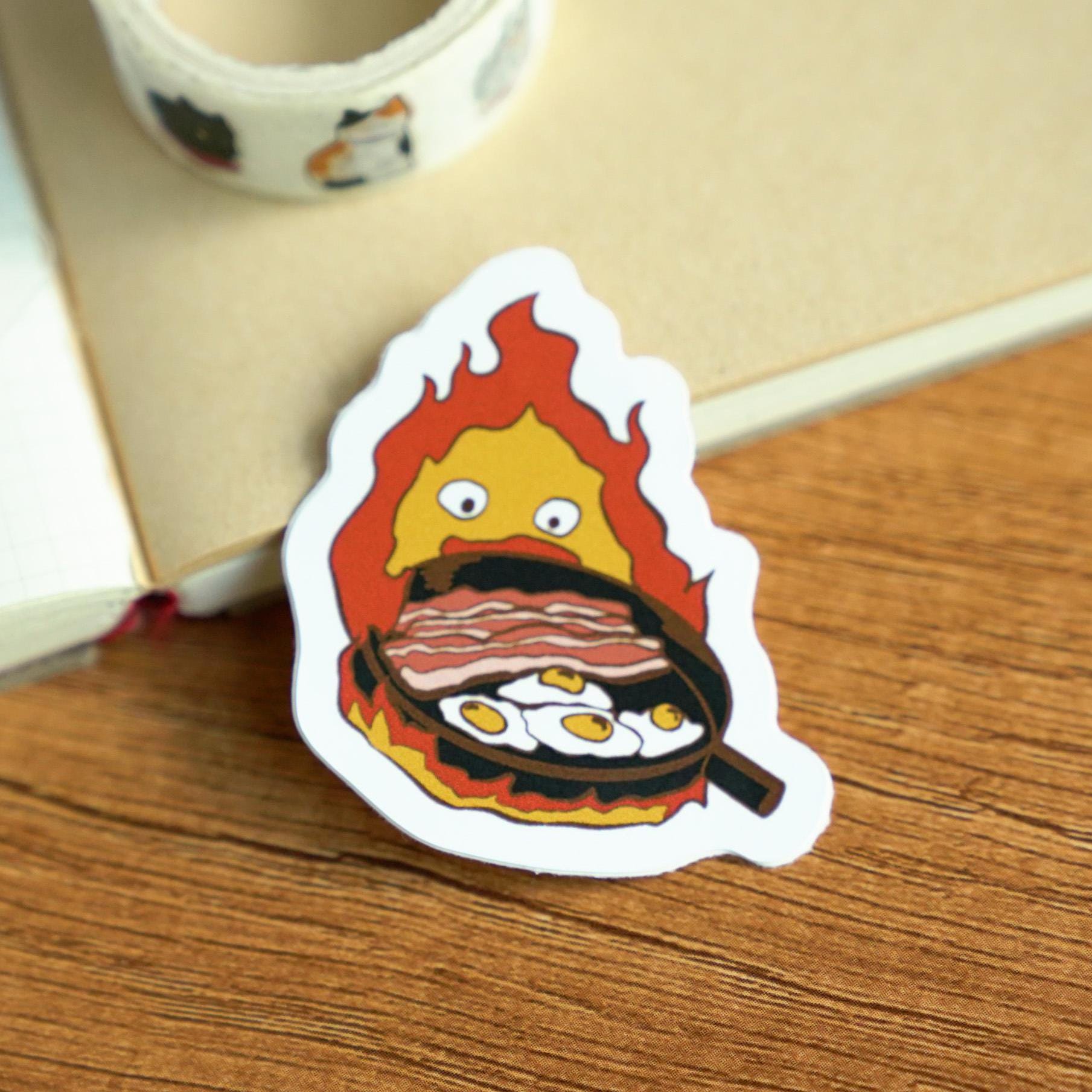 Calcifer Flame Spirit Sticker, Studio Ghibli Howl's Moving Castle Decal, Calcifer with Bacon Egg Pan