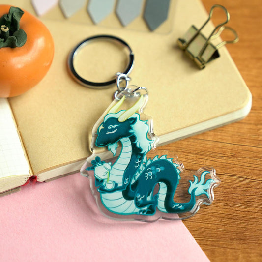 Blue Dragon Acrylic Keychain, Peaceful Dragon Drinking Tea Transparent Keychain, Dragon Year Gift, Chinese Zodiac Animal