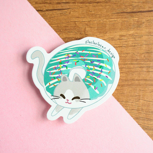 Donut Cat Sticker, Cute Cat Sticker, Grey and White Piebald Bi-colour Cat, Cute Sticker, Funny Cat Sticker, Cute Gift, Cat Lover Gift