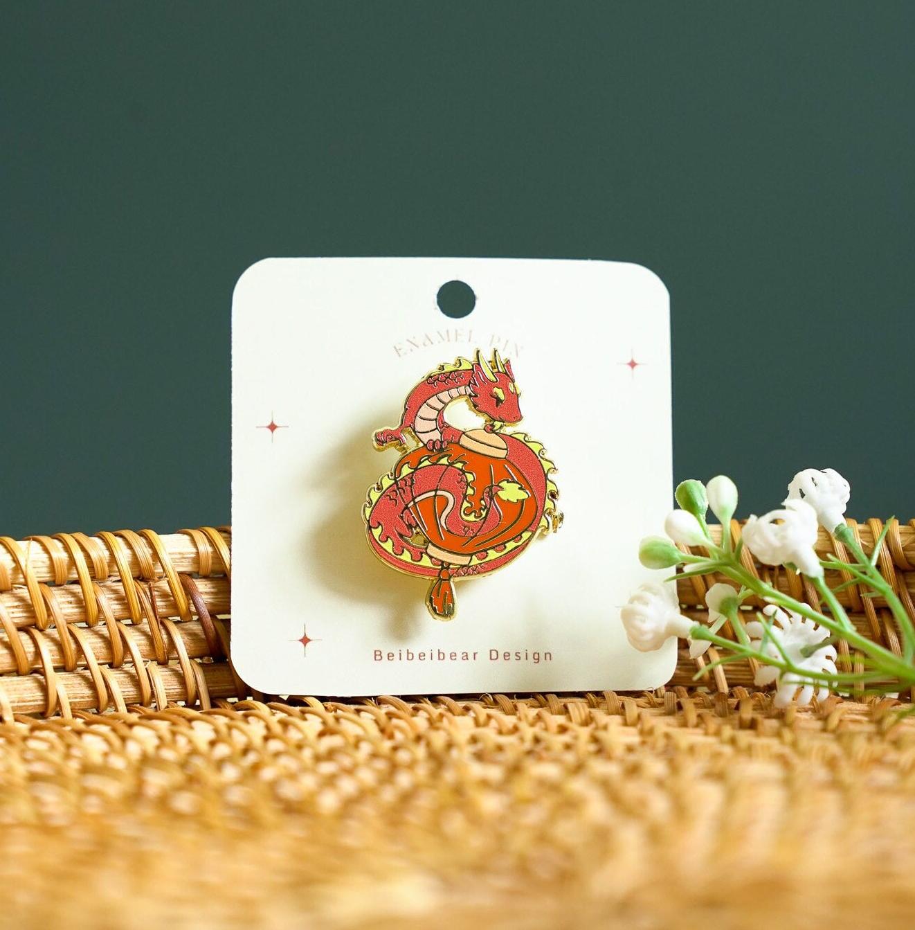 Red Lantern Dragon Enamel Pin, Dragon and Lantern Brooch, Playful Dragon Pin, Dragon Year Gift