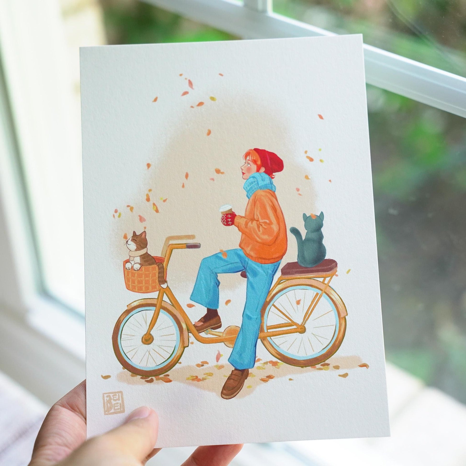 Cats on Bicycle Print. Autumn Cats and Coffee Print. Autumn Vibe Illustration. Orange Autumn Girl Art.