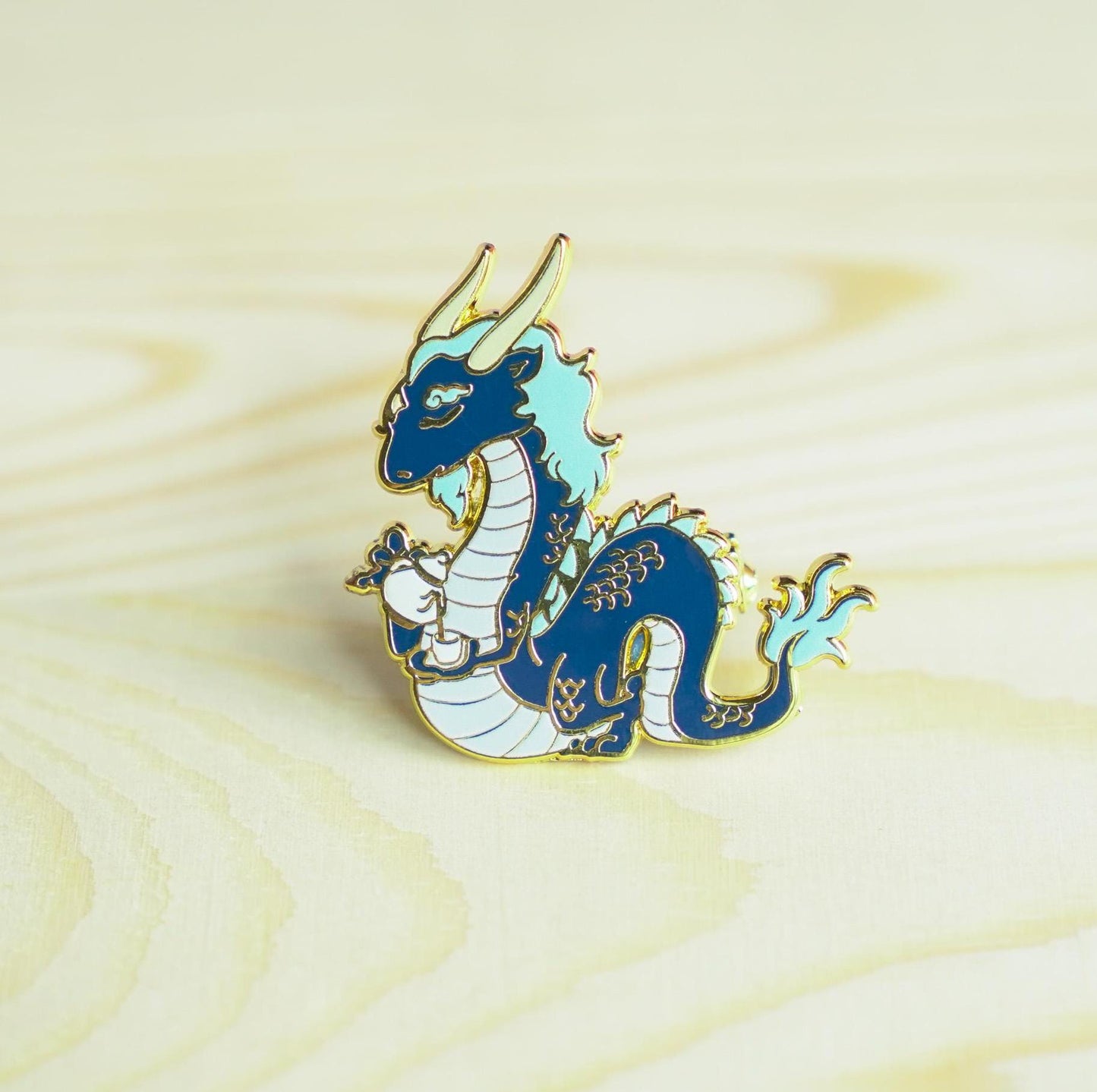 Blue Dragon Enamel Pin, Dragon Drinking Tea Brooch, Peachful Dragon Pin, Dragon Year Gift