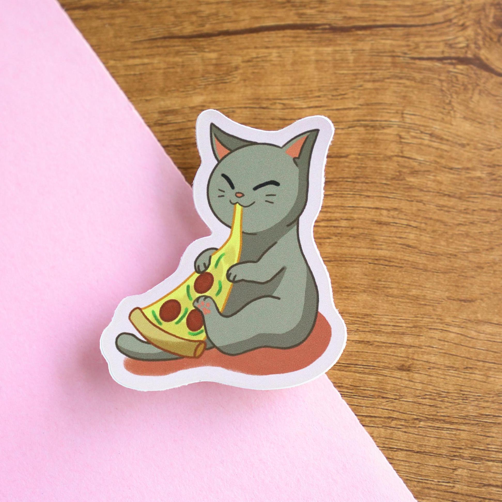 Cute Pizza Cat Sticker - Gray Kitty Happily Eating a Slice of Pizza